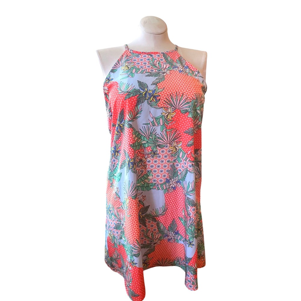 Caroline Hill Tropical Floral Geometric Halter Shift Dress Coral Blue Tassels L